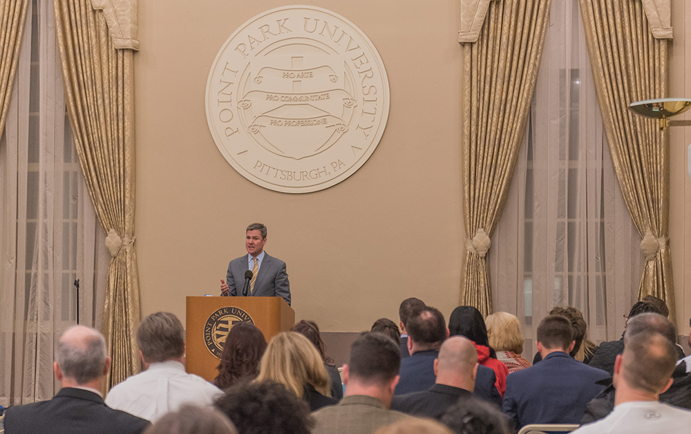 Pictured is Pittsburgh Pirates president Frank Coonelly at Point Park University. | Photo by Nick Koehler